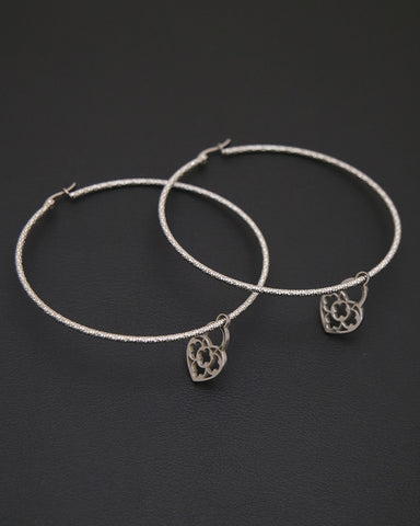 Orecchini cerchio medio diamantato in acciaio - Lucchetto cuore traforato