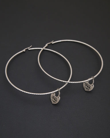 Orecchini cerchio grande diamantato in acciaio - Lucchetto cuore