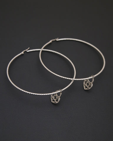 Orecchini cerchio grande diamantato in acciaio - Lucchetto cuore traforato