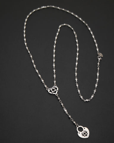 Collana stile rosario in acciaio - Cuore e lucchetto cuore