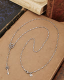 Collana stile rosario in acciaio - Lucchetto cuore traforato e Chiave fiore gotico