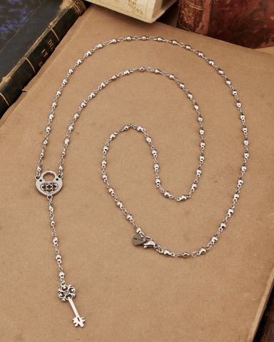 Collana stile rosario in acciaio - Lucchetto cuore e Chiave fiore gotico