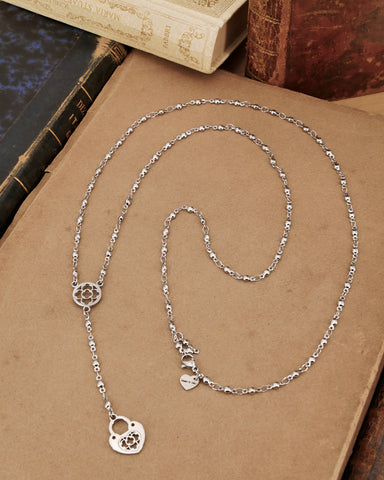 Collana stile rosario in acciaio - Rosone e lucchetto cuore